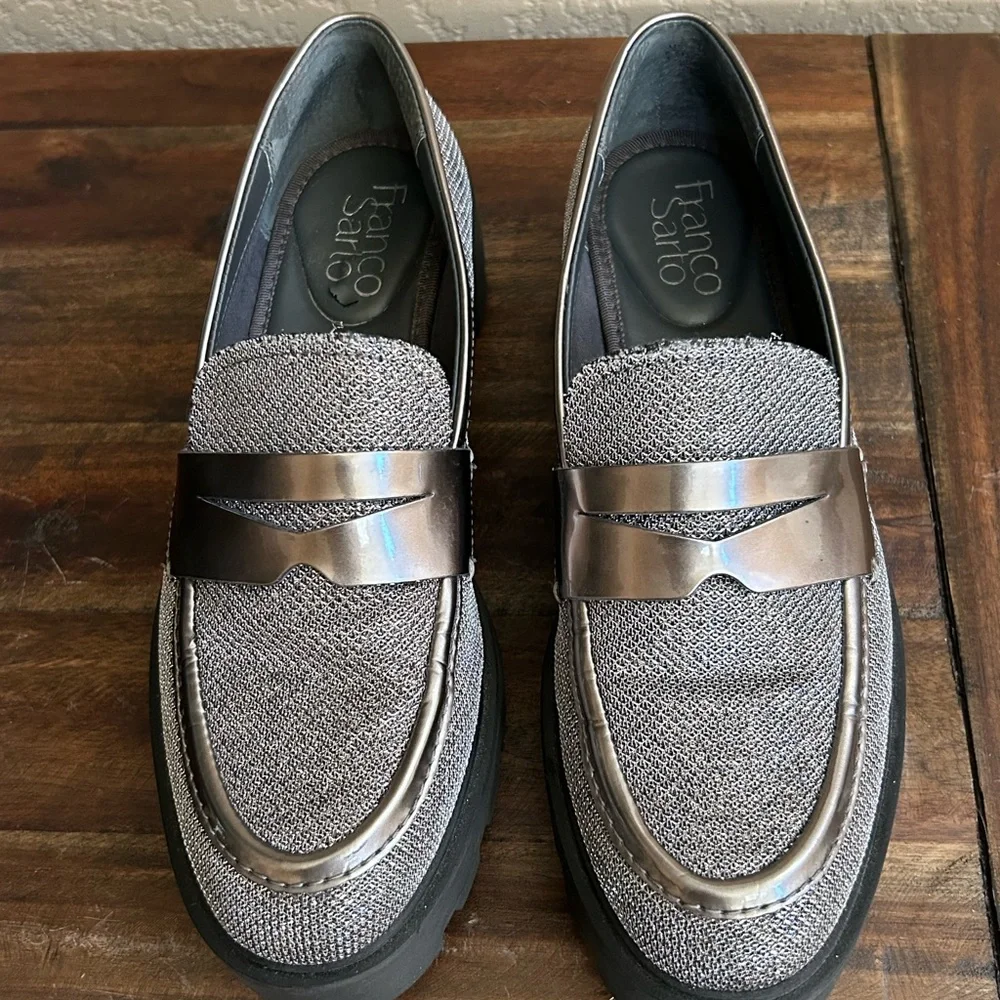 Franco Sarto Bazel Platform Lug Sole Loafers Size 6.5 – Metallic Knit‎ Slip-On